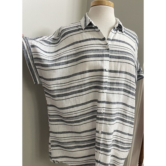 Women's Beach Lunch Lounge Top Size Large Blue/White Striped Cotton/Linen Blend - Picture 4 of 7